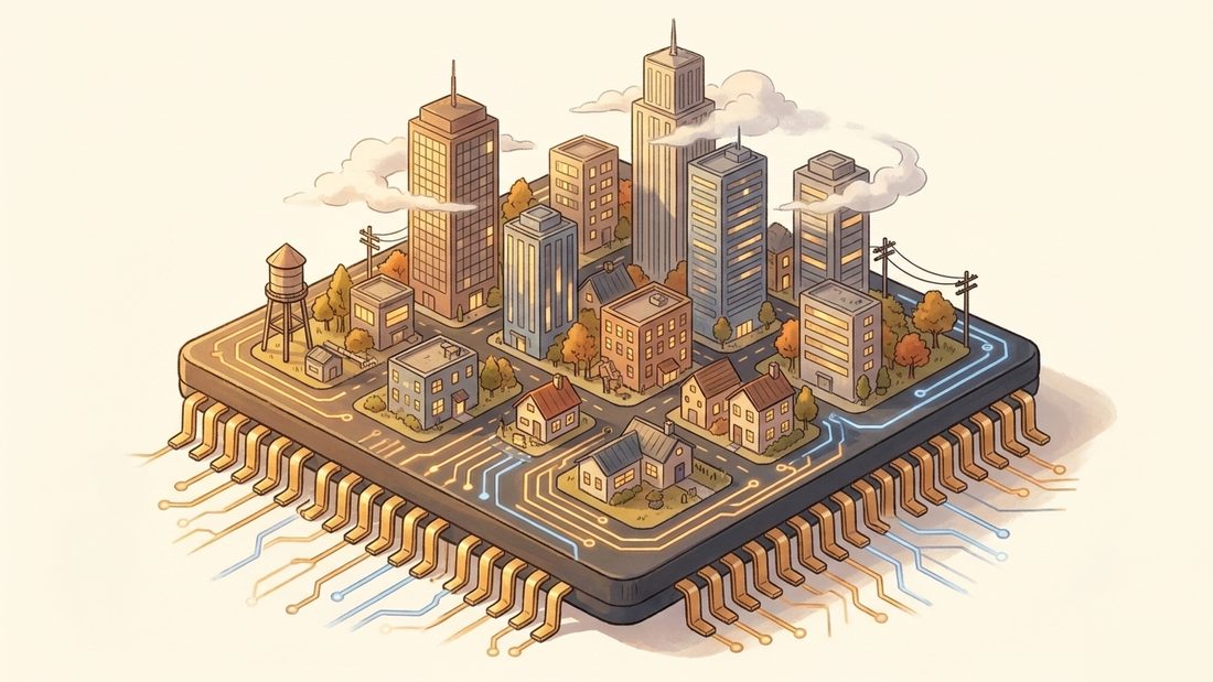 A microchip with a whole tiny city built on its surface — a city in a square centimeter